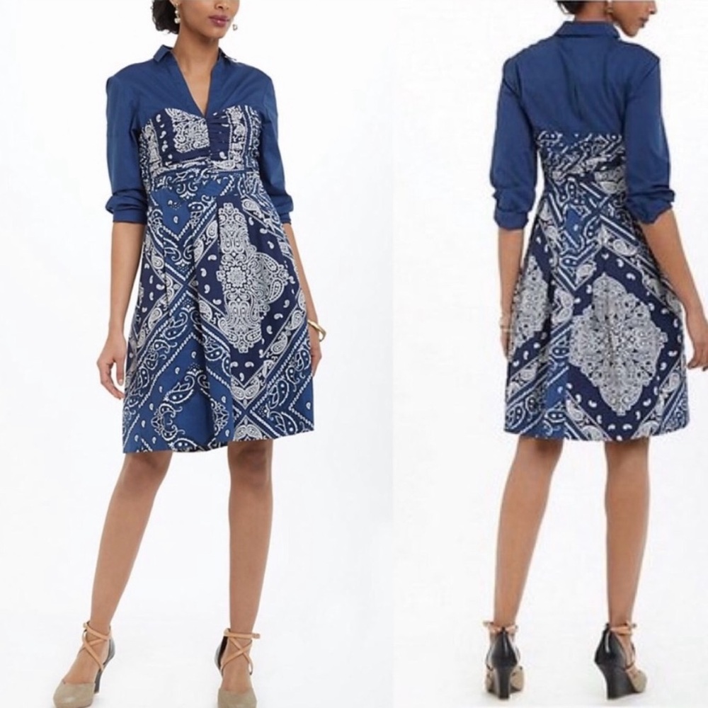 Anthropologie HOLDING HORSES Navy and White Bandana Shirt Dress, Size 12